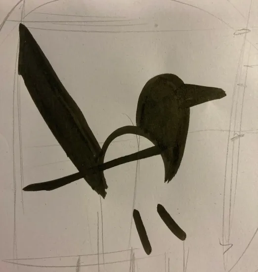 croquis d'une pie simplifiée au crayon et feutre noir