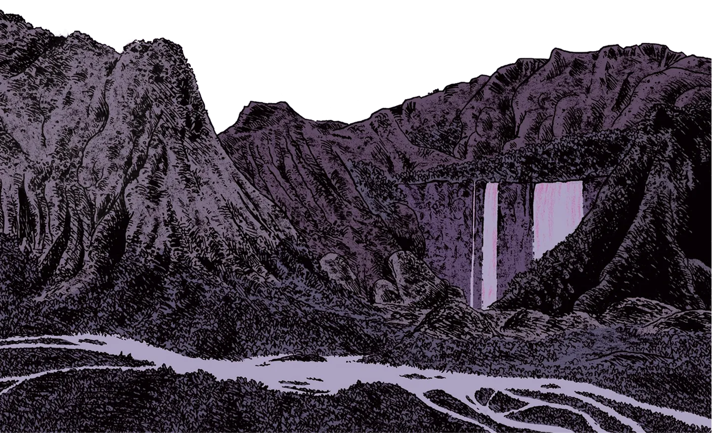 d'autres montagnes et une cascade