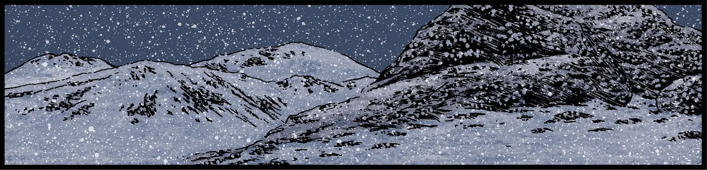 un paysage sous la neige, la lumière est bleuté