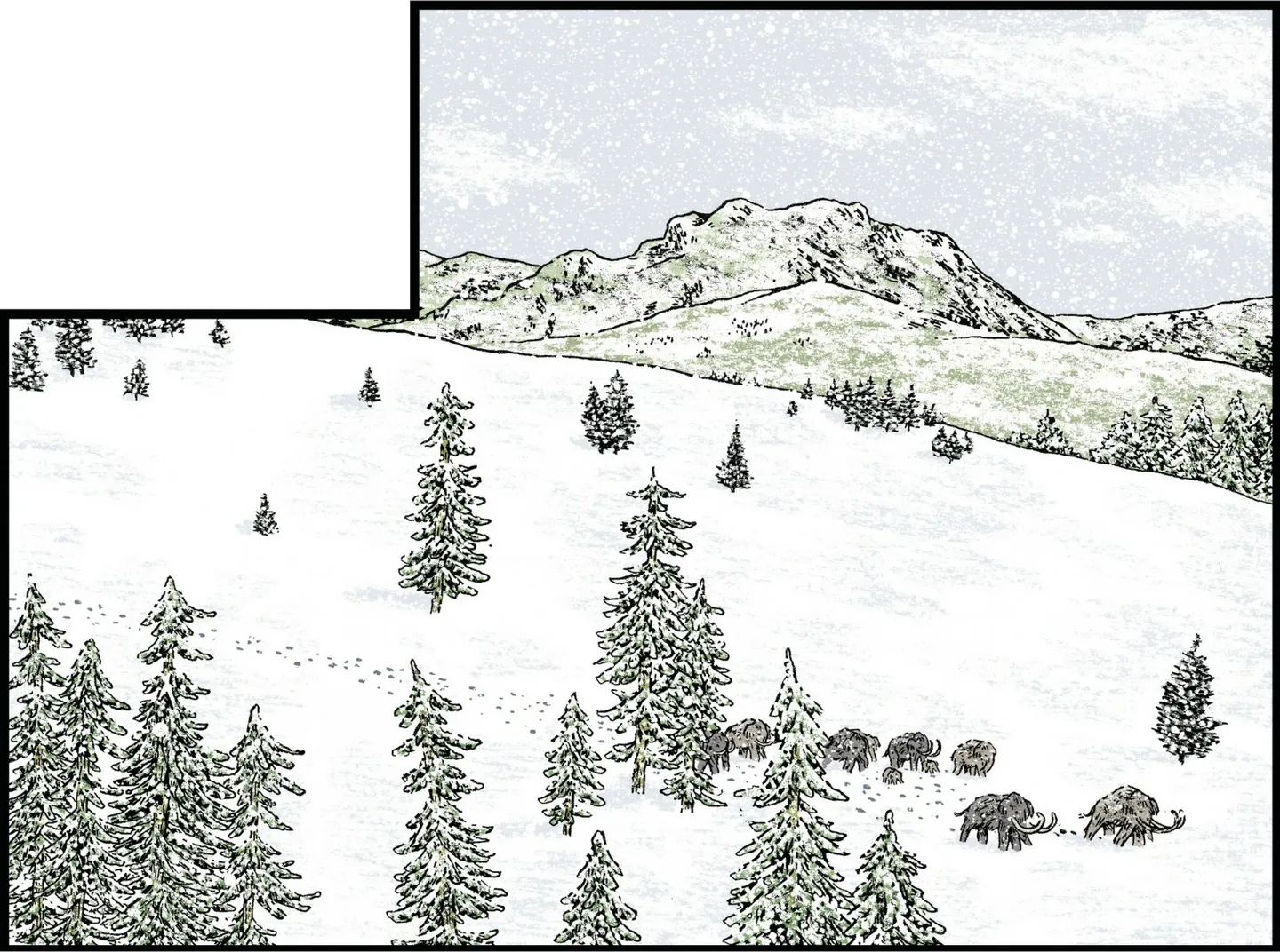 un paysage enneigé avec des mammouth