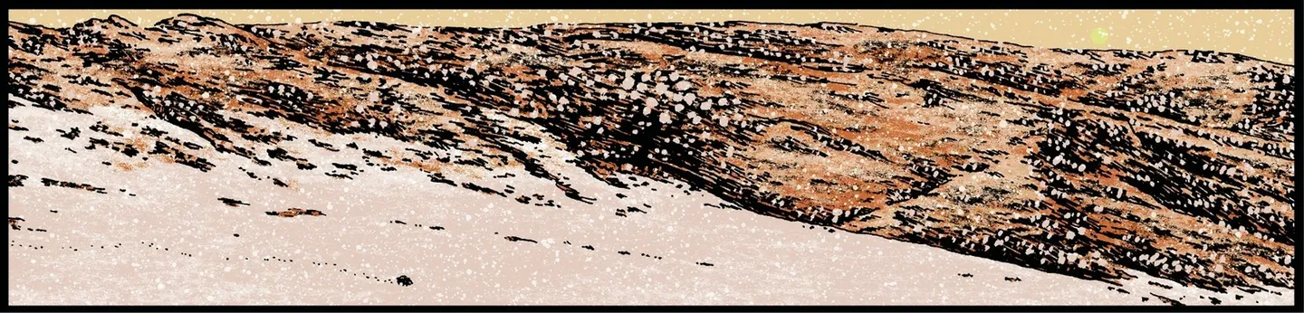 un paysage sous la neige, la lumière est jaune